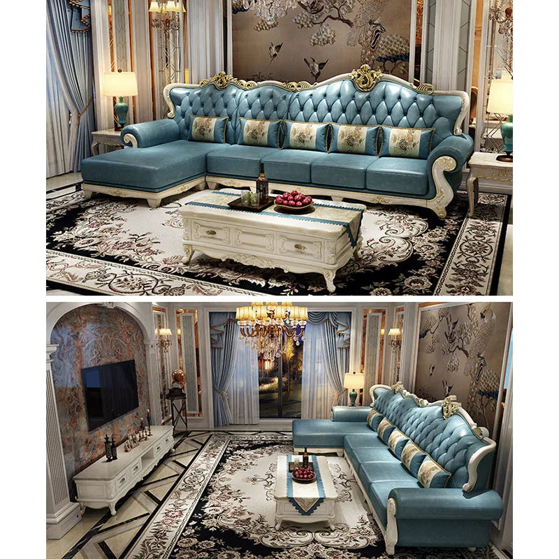 European-Style Light Luxury Corner Sofa: Modern Blue L-Shaped Leather with Solid Wood for Living Rooms.