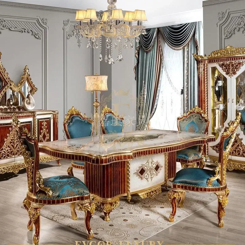 Custom European solid wood long dining tables and chairs luxury gold foil carved French court Baroque Restaurant