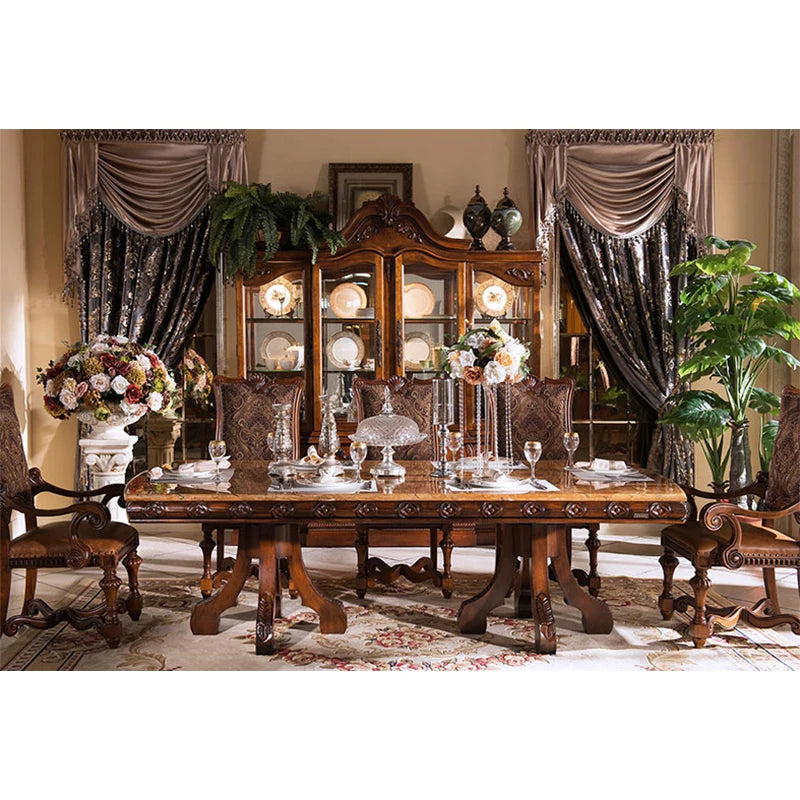 High-Quality Antique European Dining Table Set—French and Italian Hand-Carved Marble