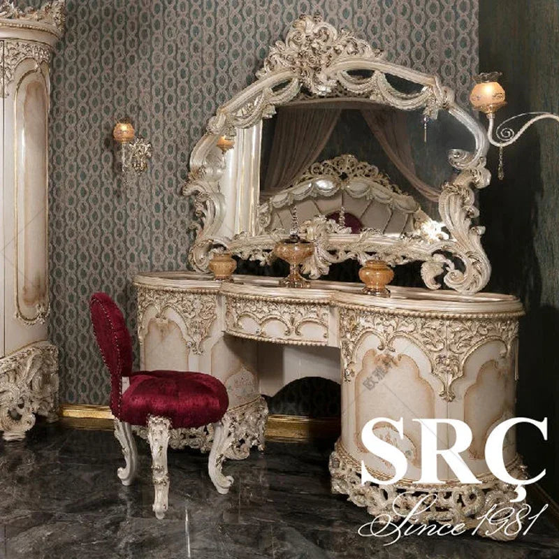 Custom European villa double bed, hand-carved from solid wood, featuring luxurious fabric