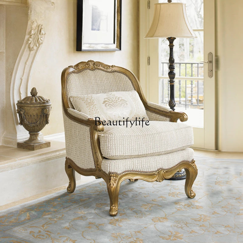 Pure Beautiful Golden Distressed Solid Wood Sofa Chair Villa European-Style Carved Crocodile Pattern Living Room Wingback Chair