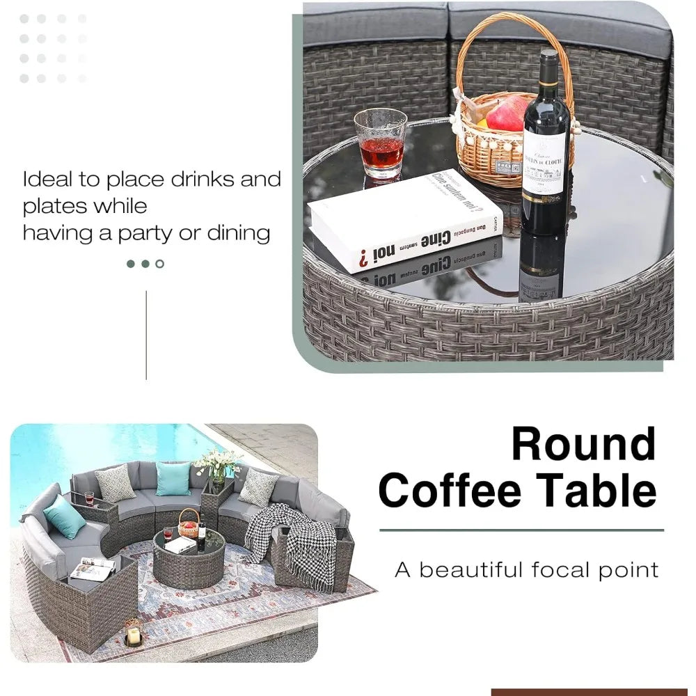 Half-Moon Sectional Sofa with Tempered Glass Coffee Table and 4 Pillows.