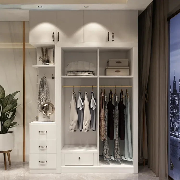 Simple Small Bedroom Wardrobe – Complete Furniture Set with Open Closets, Shoe Rack, and Wooden Storage
