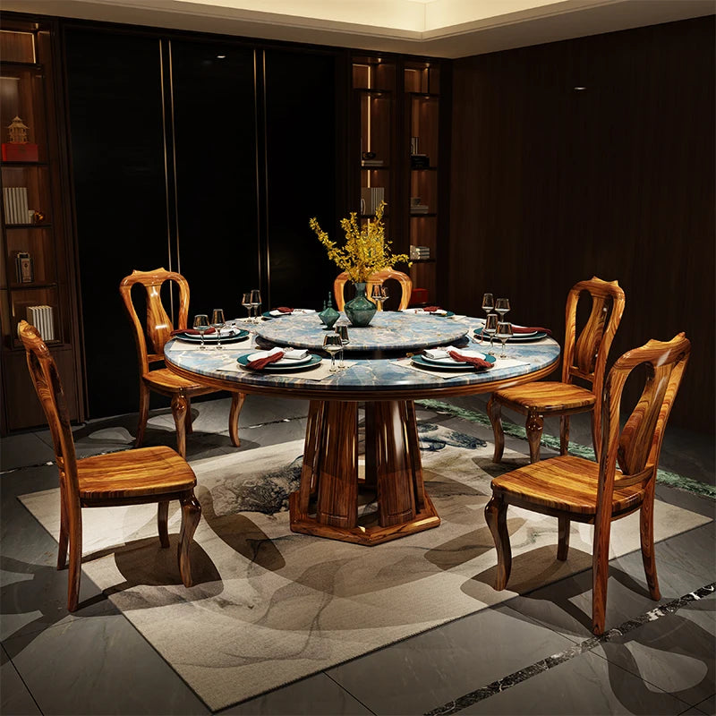 High-Quality Chinese Ebony Marble Dining Table – Solid Wood 8-Person Round Set with Chairs