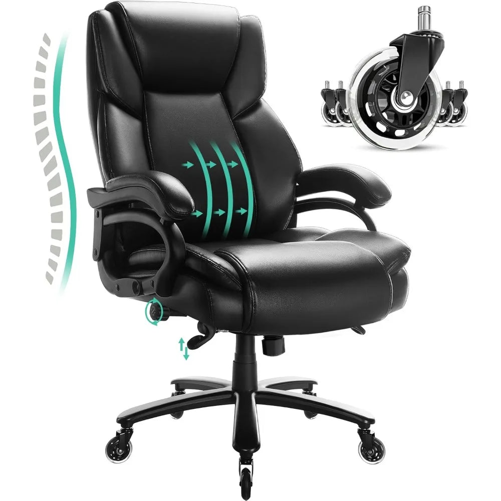 High Office Chair, 500 Lbs, Adjustable Lumbar Support, Silent Rubber Wheels, Heavy Duty Metal Base, Executive Chair