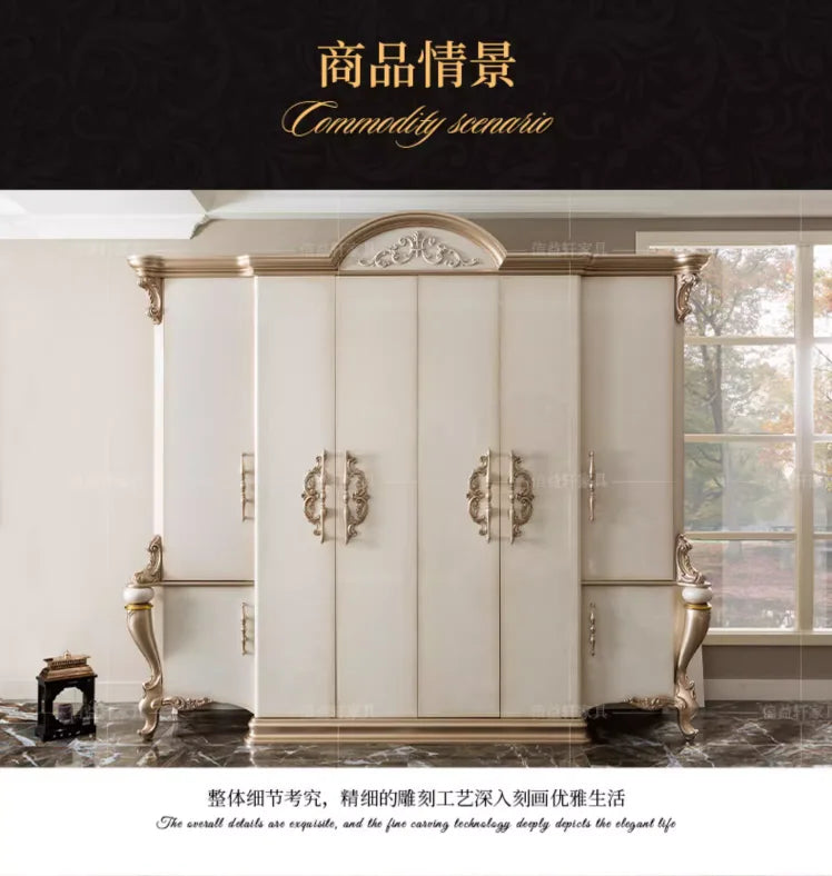 European Style Solid Wood Wardrobe – Carved, French Villa Design, Custom Classical Bedroom Furniture