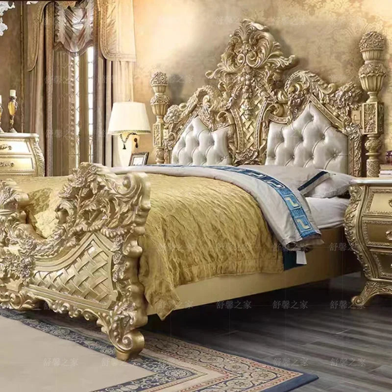 European Style Solid Wood Carved Bed: French Leather Fabric Princess Bed, High-End Custom 1.8-Meter for Italian Villas and Weddings