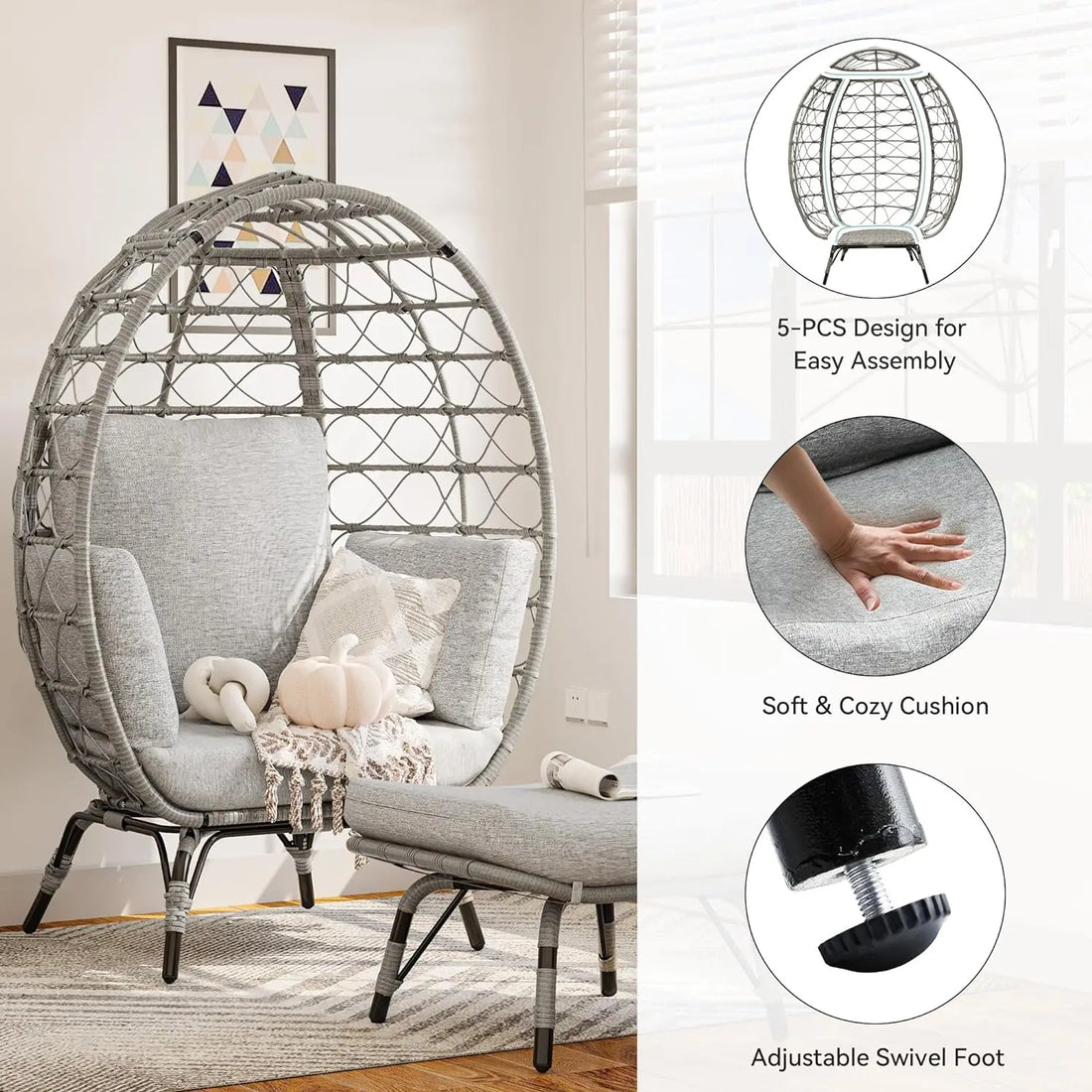 Outdoor Egg Chair with Ottoman Cushion Rattan Wicker Chair PE for Patio, Garden, Backyard, Porch