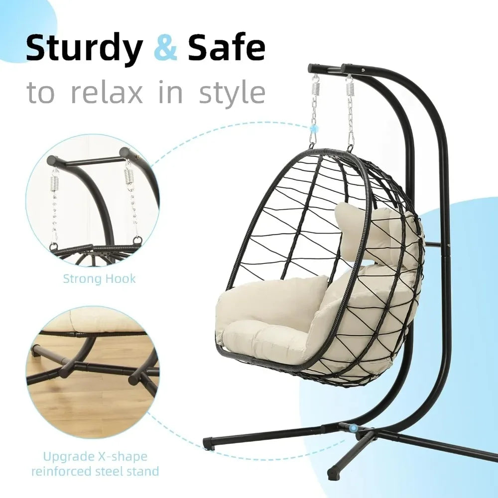 Double Wicker Swing Egg Chair – Foldable Indoor/Outdoor Hammock Loveseat