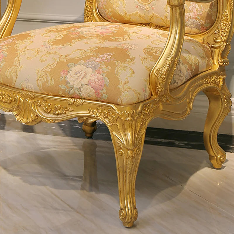 European French Luxury Solid Wood Lounge Chair with Carved Details and Gold Leaf