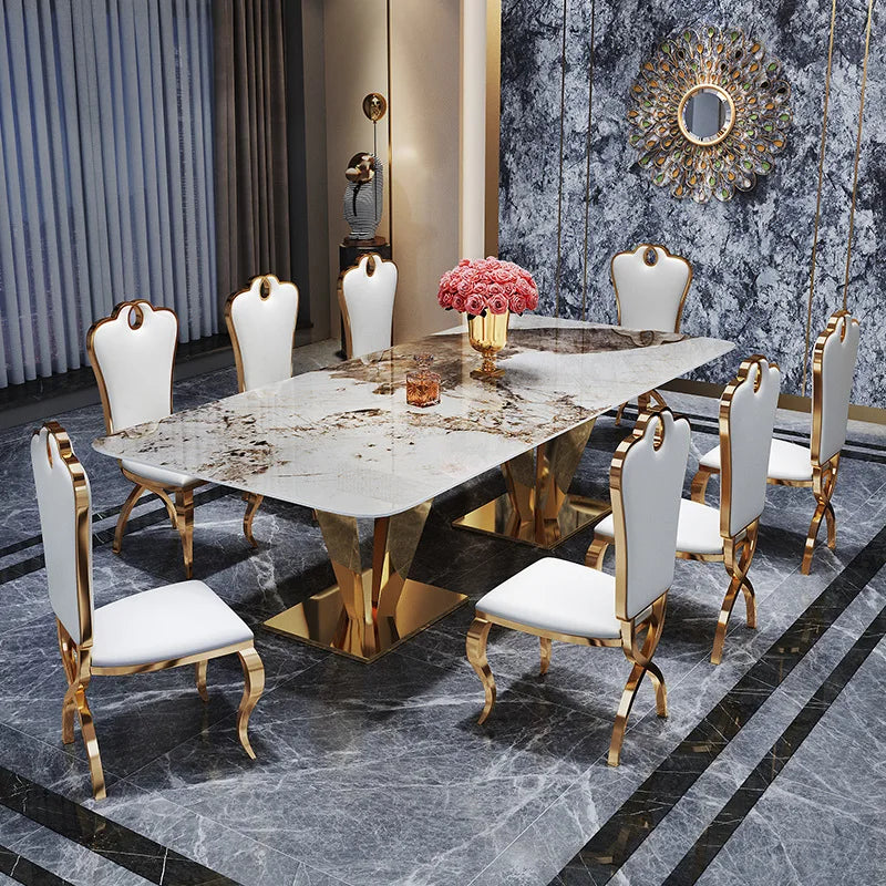 Stainless steel rock plate dining table chair combination rectangular large family marble dining table 10 people
