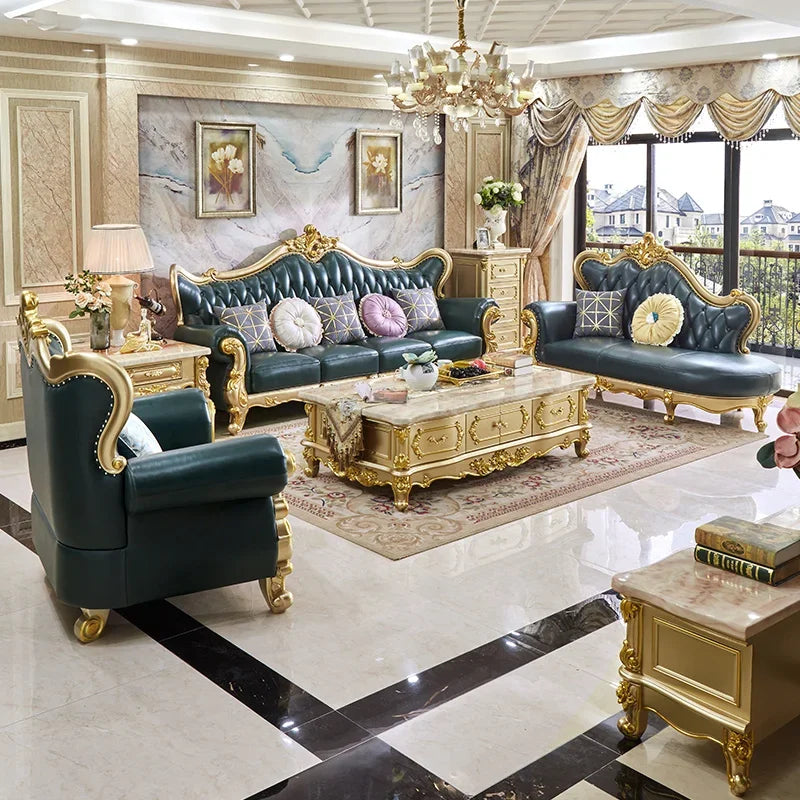 European Solid Wood 123 Sofa Set: Luxury American Villa Design with Leather Upholstery for Living Rooms.
