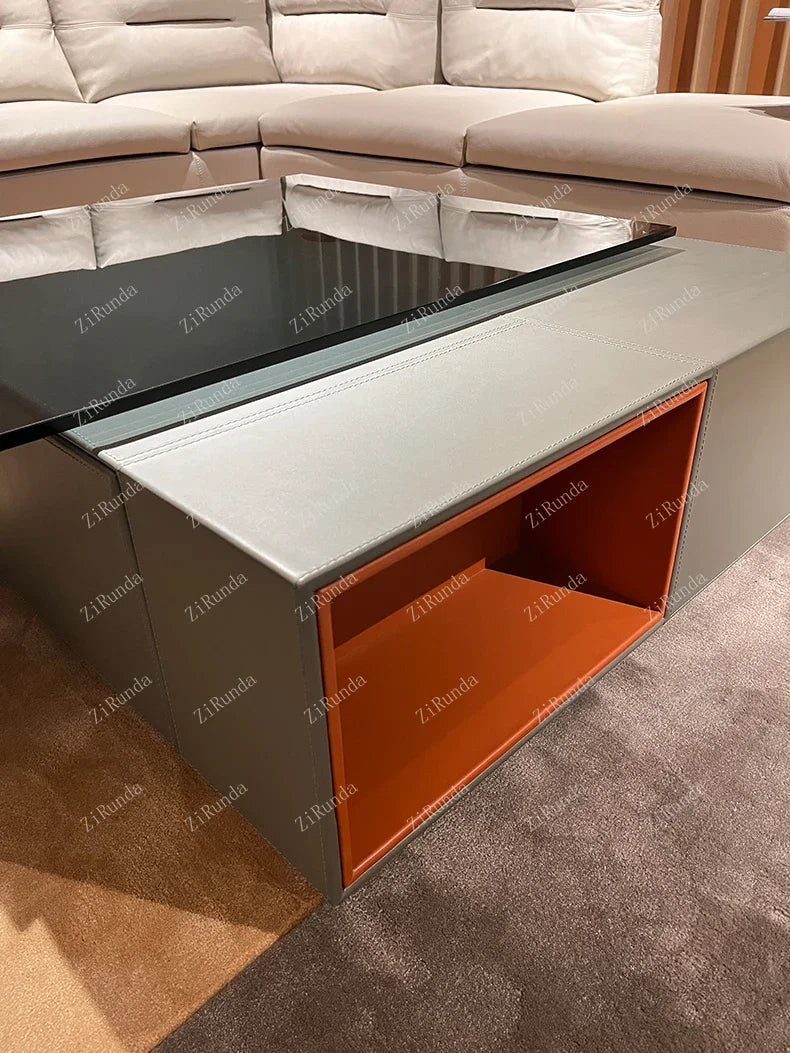 Italian Minimalist Saddle Leather 360° Rotating Glass Coffee Table – High-End, Light Luxury