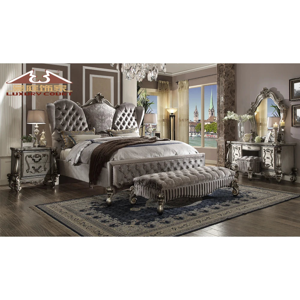 Royal Style Wooden Kind Size Bed With Stool Bedroom Furniture Set