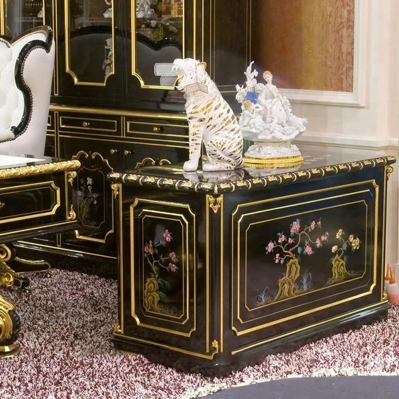 High End Classical French Baroque Style Luxury Design Antique Wooden Carving Black and Gold Office Writing Desk