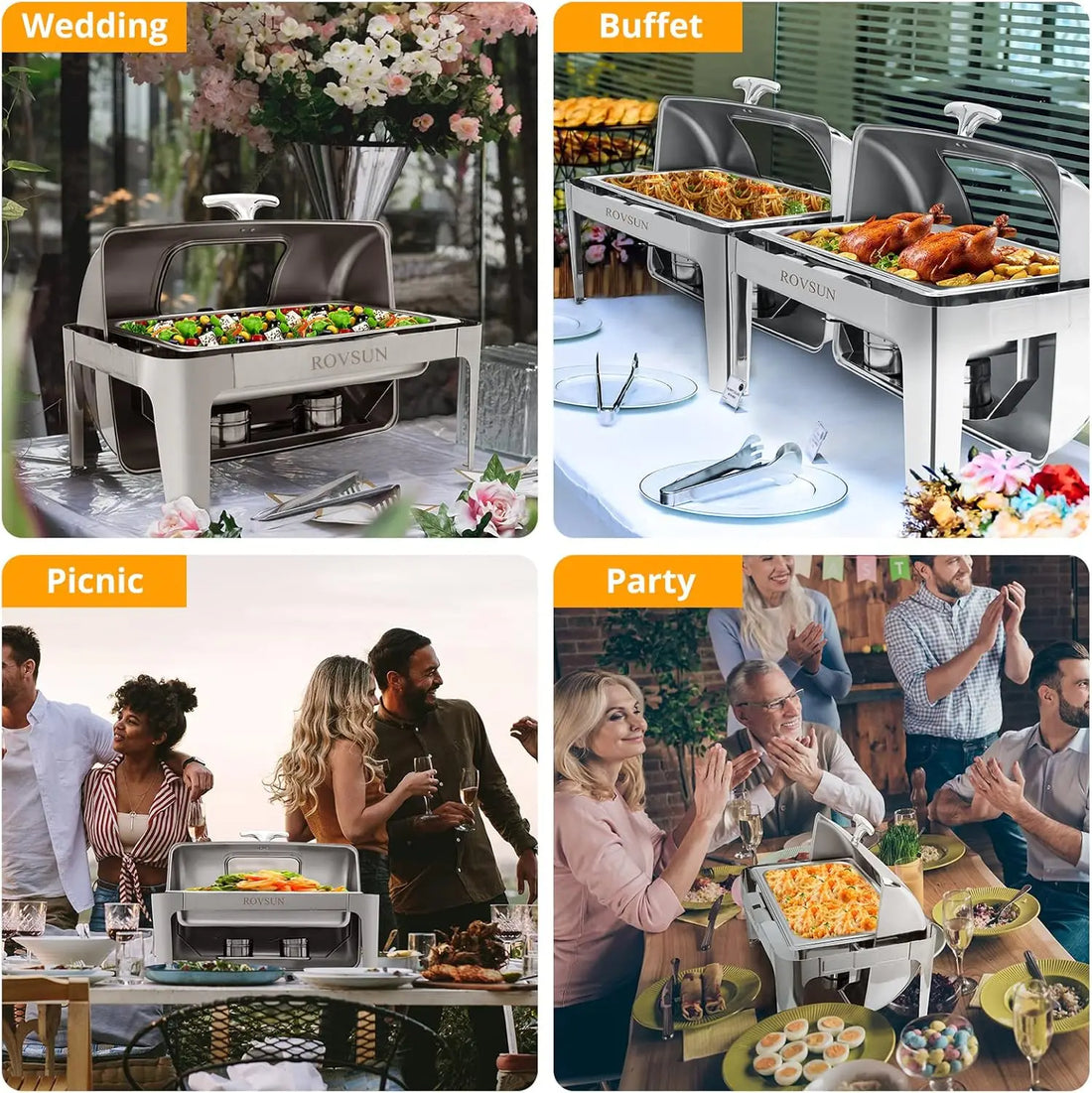 ROVSUN 2 Pack Roll Top Chafing Dish Buffet Set, 9 Quart NSF Rectangular Stainless Steel Chafer for Catering,Buffet Servers