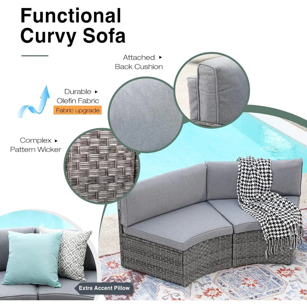 Half-Moon Sectional Sofa with Tempered Glass Coffee Table and 4 Pillows.