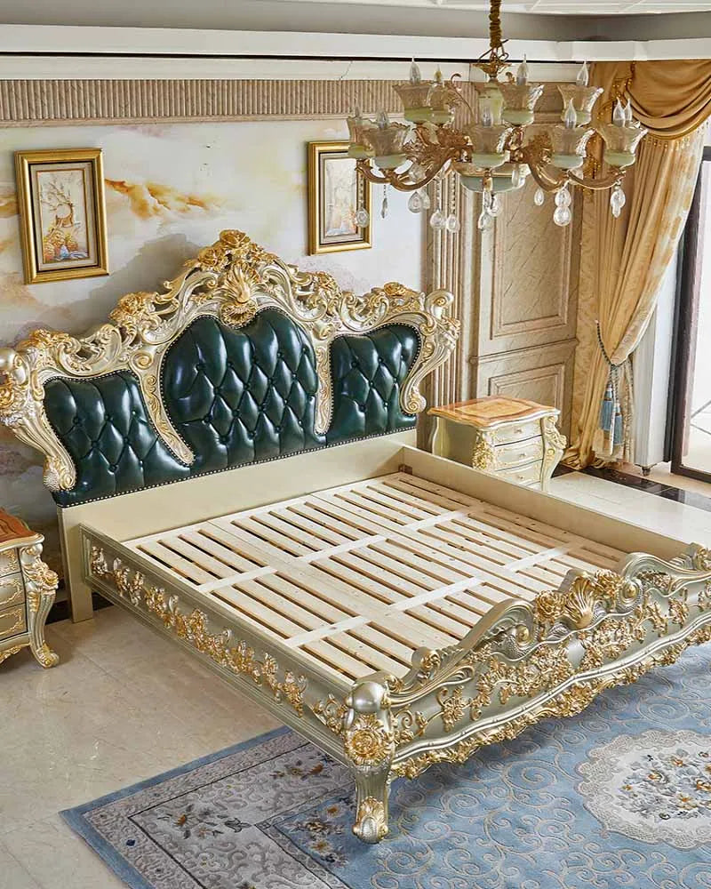 European-style solid wood king bed with genuine leather