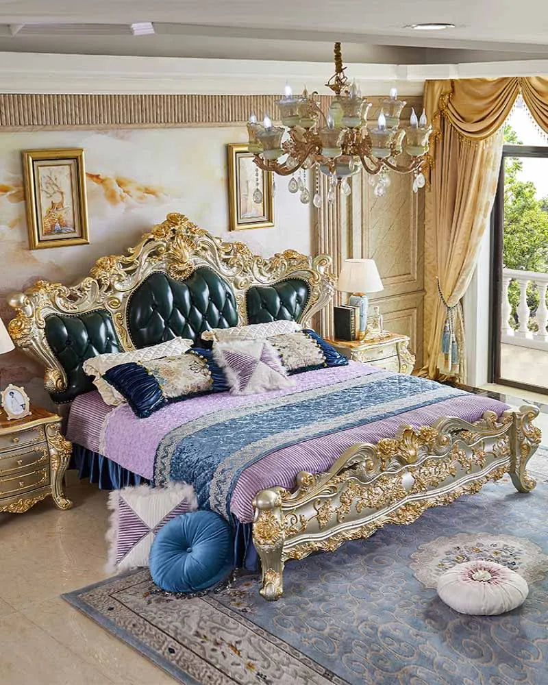 European-style solid wood king bed with genuine leather