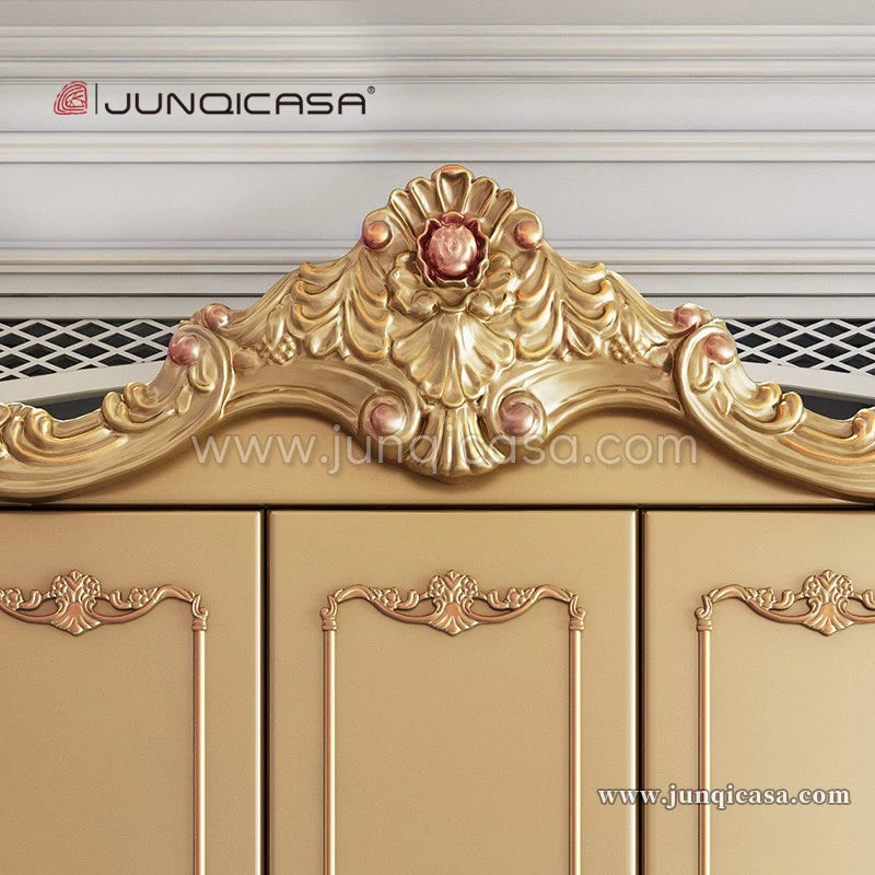 Luxury Antique 4-Door Wardrobe – Classic Gold Solid Wood Bedroom Furniture