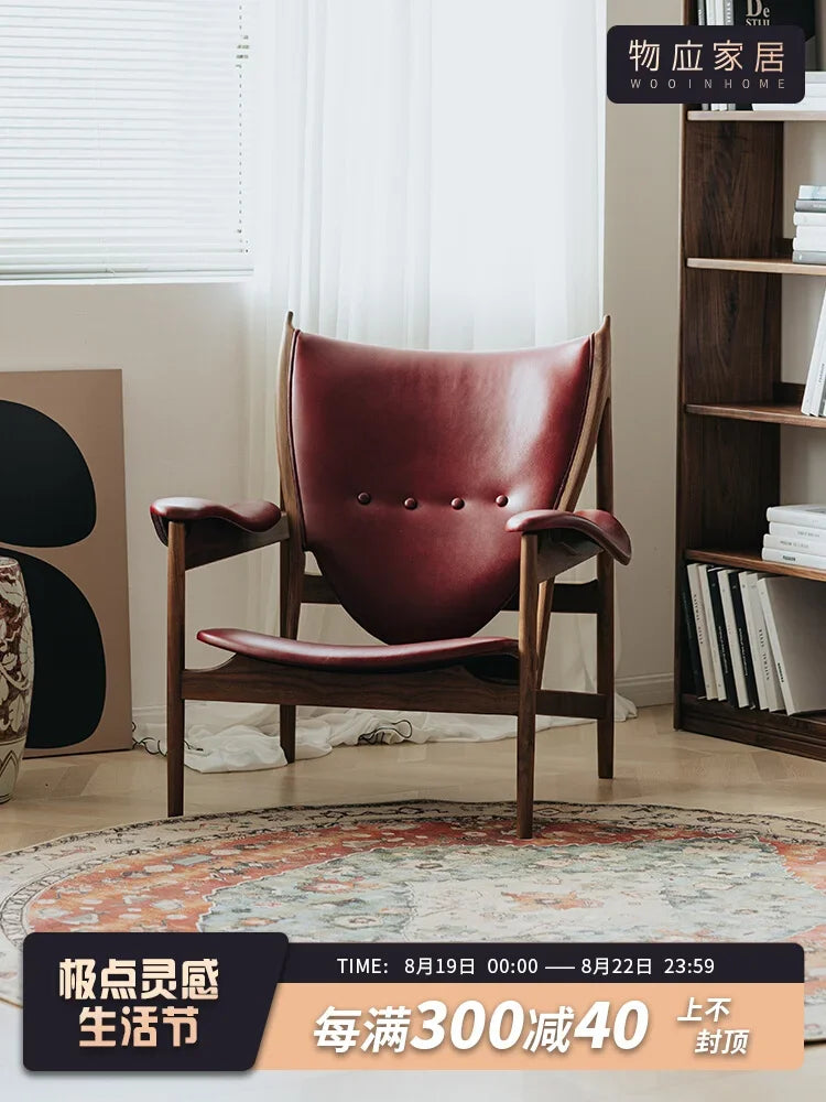 La burgundy oil wax leather chief  black walnut single sofa  living room  leather leisure chair