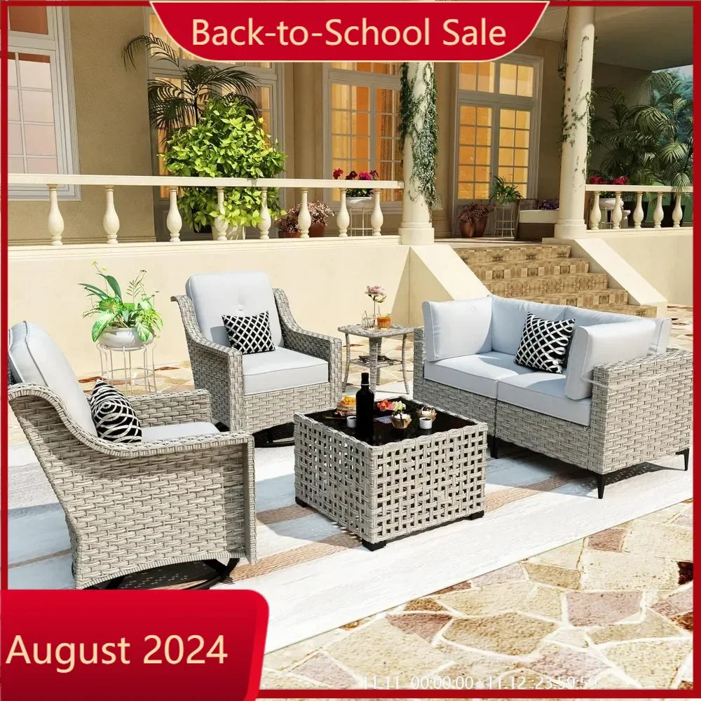 7-Piece Outdoor Patio Furniture Set: Modular Rattan Chairs, Sofa, and Coffee Table for Veranda, Balcony, or Poolside.