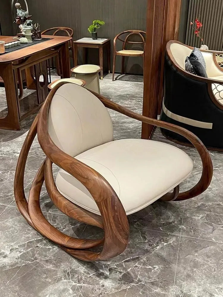 Leisure rocking chair, lounge chair, white wax wood solid wood sofa , balcony, bedroom, living room, leisure , villa