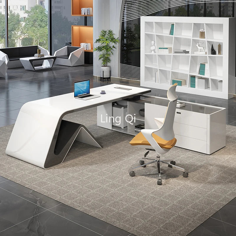 Designer modern office desk—L-shaped executive organizer,