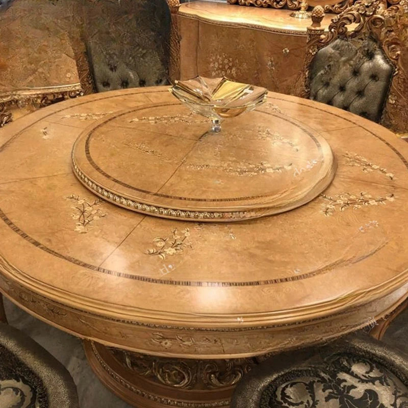 European Luxury Solid Wood Carved Dining Table: Art Puzzle Design, Round with Rotary Feature, Ideal for Palace Restaurants.
