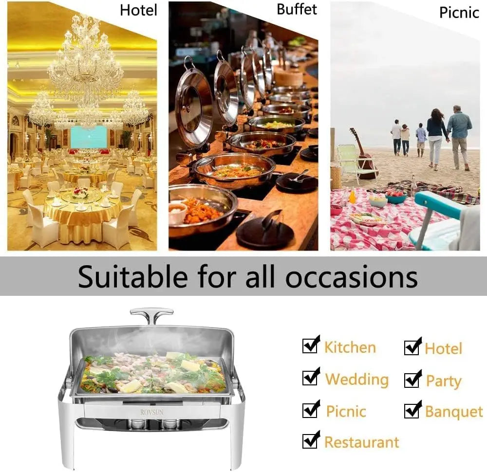 ROVSUN 3-Pack Roll Top Chafing Dish Buffet Set,9 Quart Full Size Pan Chafer, NSF Stainless Steel Rectangular Setfor Wedding