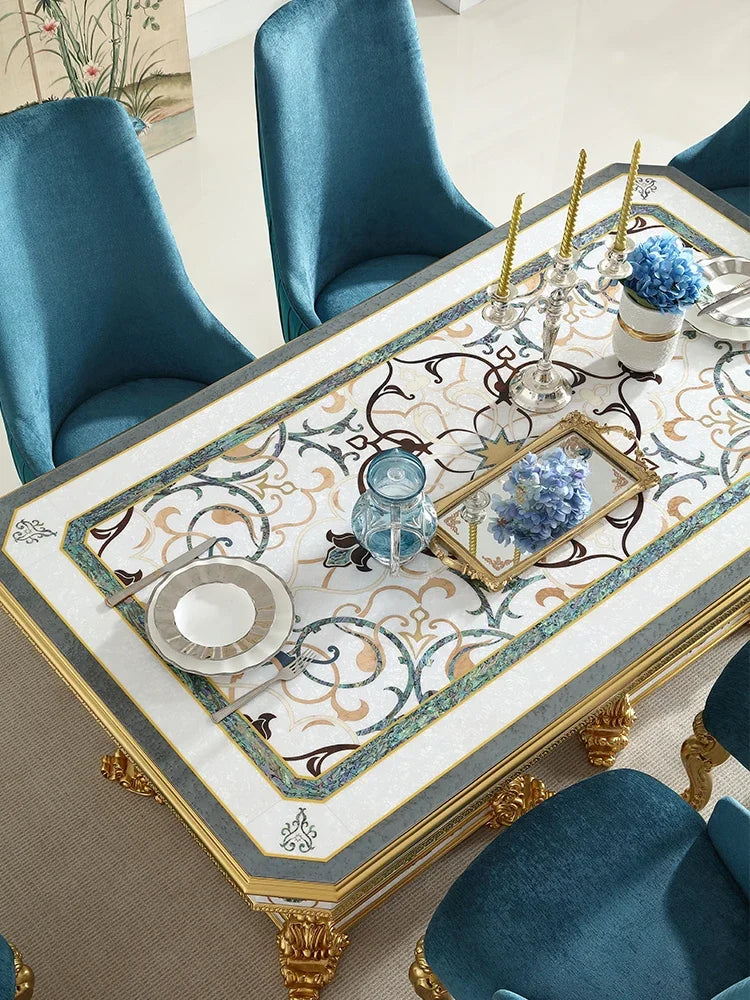 French shell parquet long dining table and chair combination luxury European dining room furniture solid wood can be customized