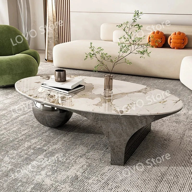 Nordic Oval Coffee Table – Luxury Marble Top with Metal Frame Legs