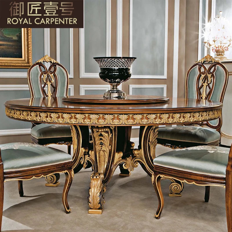 European Solid Wood Round Dining Table Set: Classical Design with 6 Chairs and Turntable