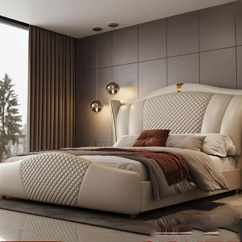 High-End European Queen Double Bed – Wood King Size Frame with Stylish Headboard