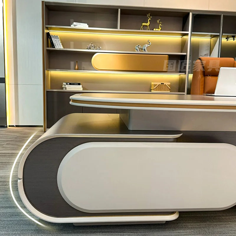 White Office Desk with Drawers—Organizers for Writing and Computer Monitors