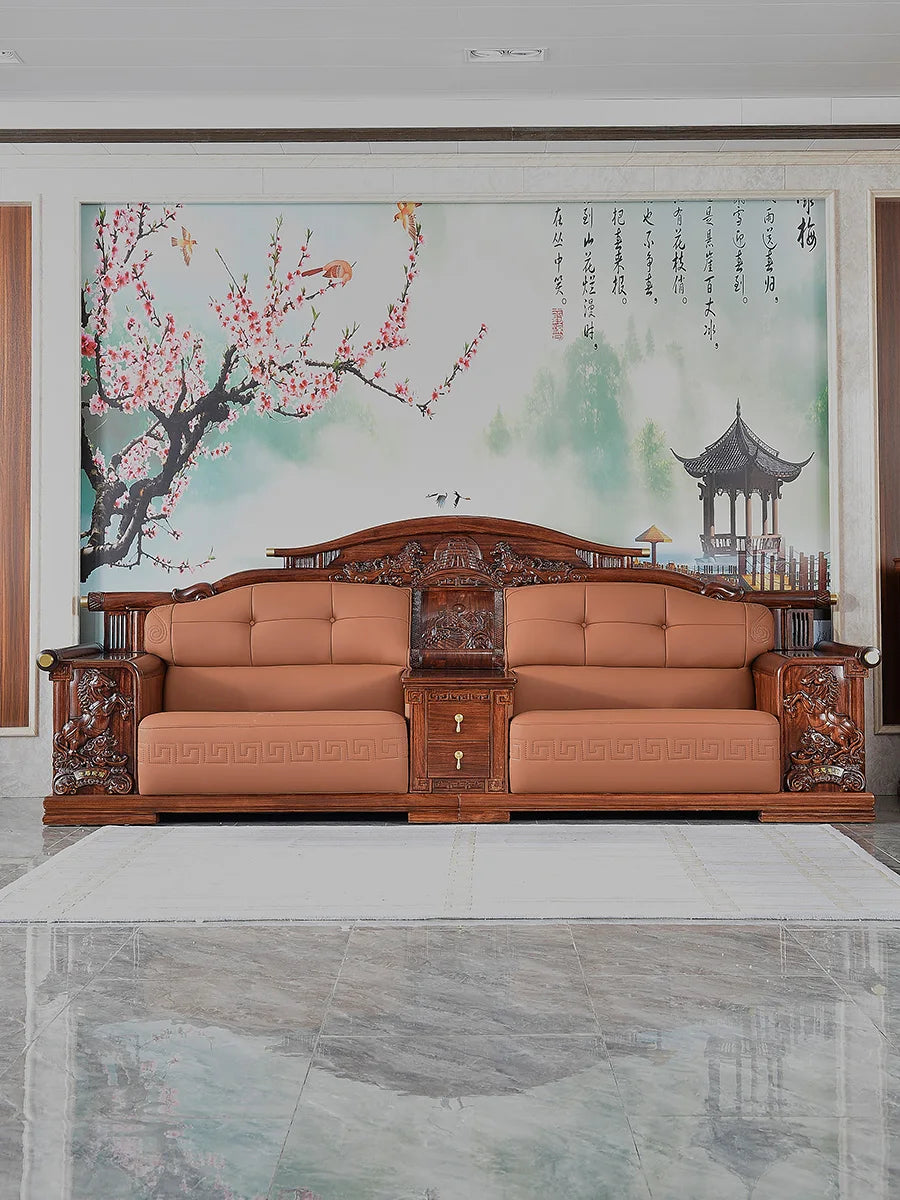 Elegant Wood-Carved Leather Sofa
