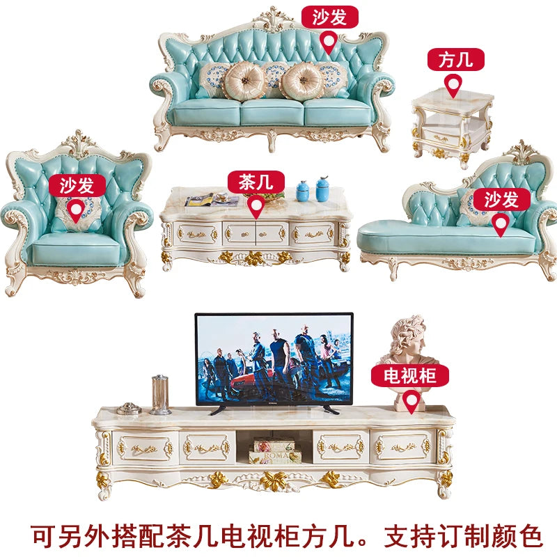 European Genuine Leather Sofa 123 Combo – Luxury Solid Wood Carved Living Room Set