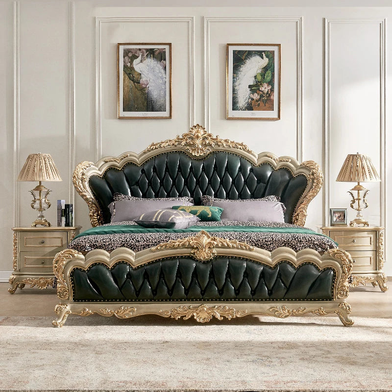 European Style Villa Double Bed: French 2-Meter King Bed, All Solid Wood with Luxury 1.8-Meter Design, Champagne Gold Genuine Leather.