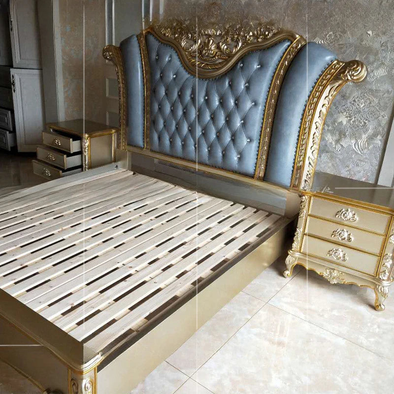 European Solid Wood Bed – 1.8m Carved Leather Wedding Bed