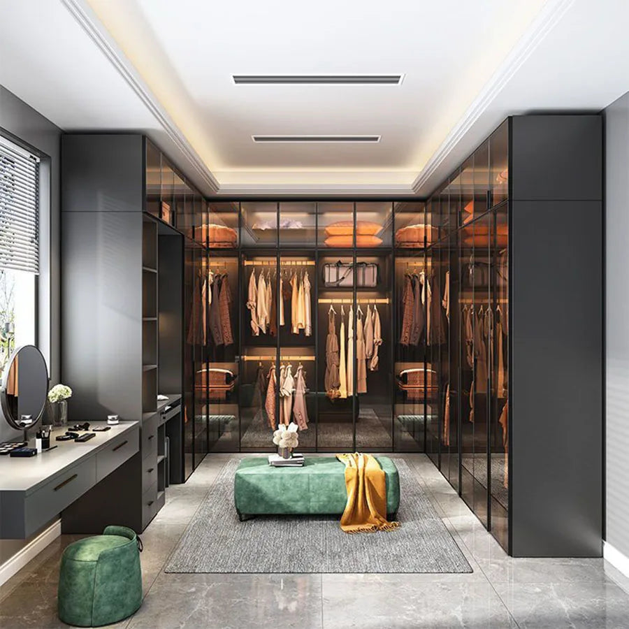 Luxury Glass Door Wardrobe – Black with Night Sensor Light and Interior Lighting