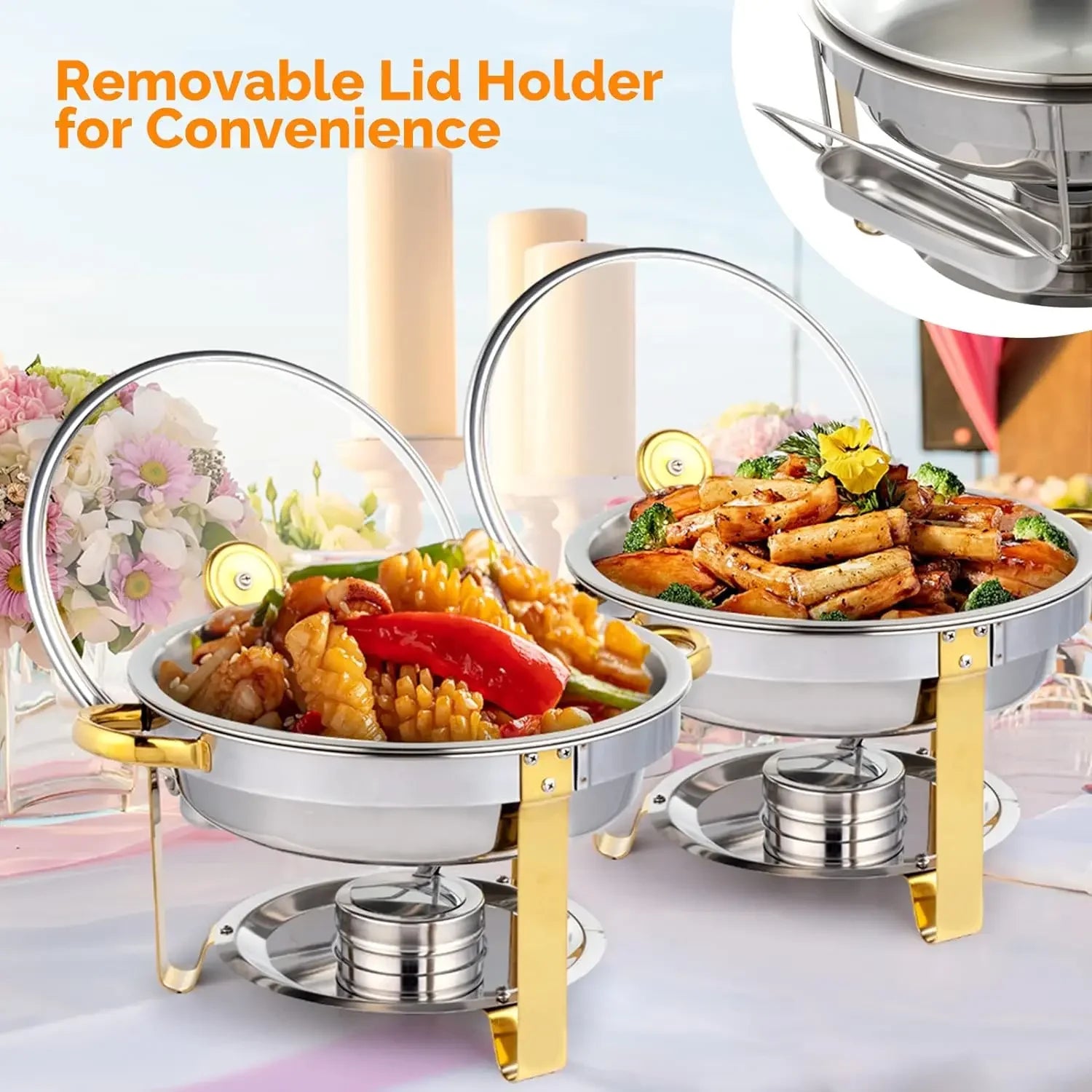 5QT Chafing Dish Buffet Set – Gold Accent Round NSF Stainless Steel with Glass Lid & Holder, 2-12 Packs for Catering & Events
