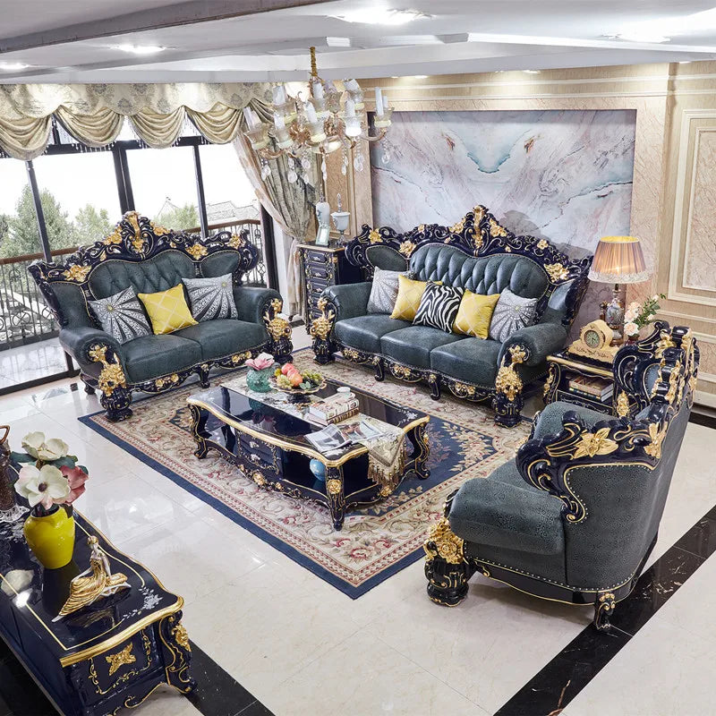 European Style Sofa Set: 123 Leather with Solid Wood Carvings, Modern Couch in Top Layer Cowhide