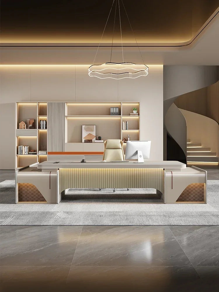 Modern L-Shaped Office Desk – Features Double Cabinet Legs for Added Storage