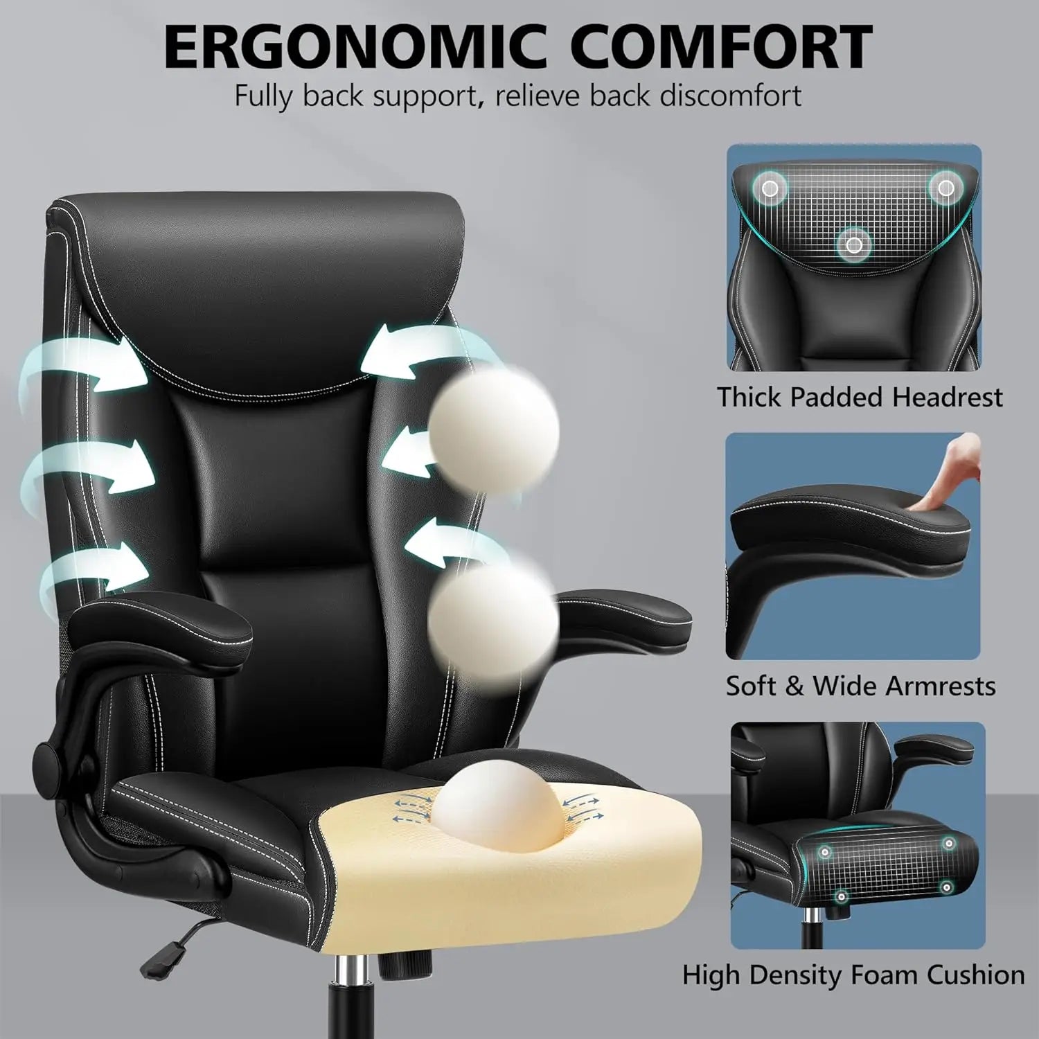 Office Chair Leather, Big and Tall Ergonomic Desk Chair Executive Office Chair, Comfy PU Leather Home Desk Chair, High Back