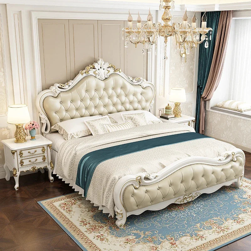 European King Size Double Bed in Luxury White Wood and Leather