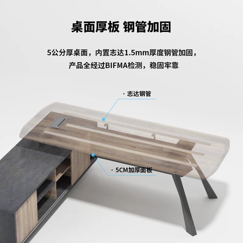 6.5 & 7.2ft Modern Office Desk Set – Quiet Slide Rail, File Cabinet, Thick Panel Office Furniture