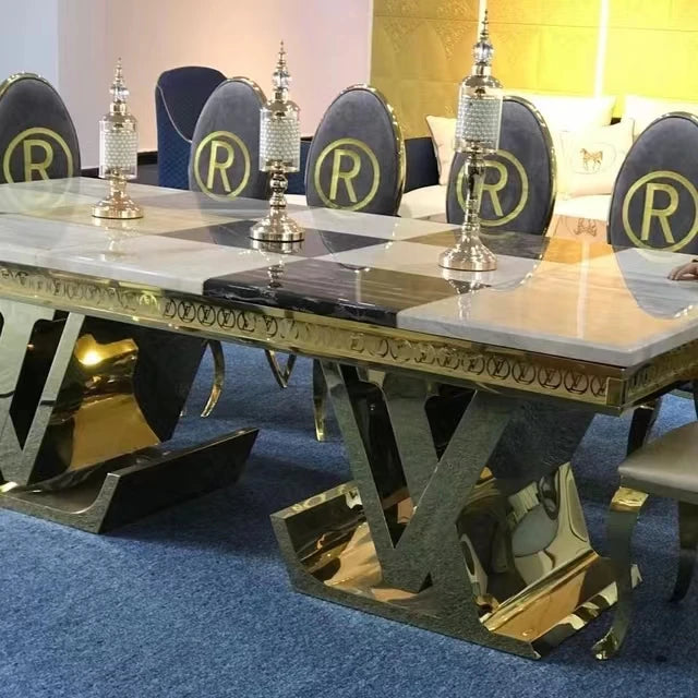 High End Luxury Lifestyle Visonnaire Gold Brass Stainless Steel Dining Table Big Rectangle Marble Table