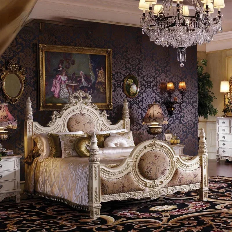Custom European double bed in French solid wood, featuring intricate carvings