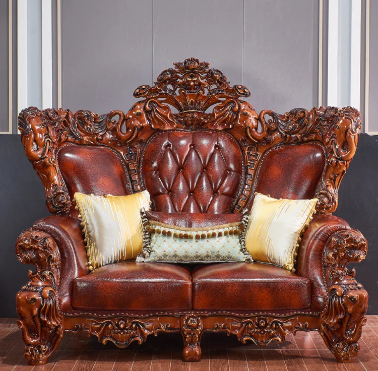 European-style bedroom furniture set for villas, featuring solid wood and genuine leather with an elegant elephant design