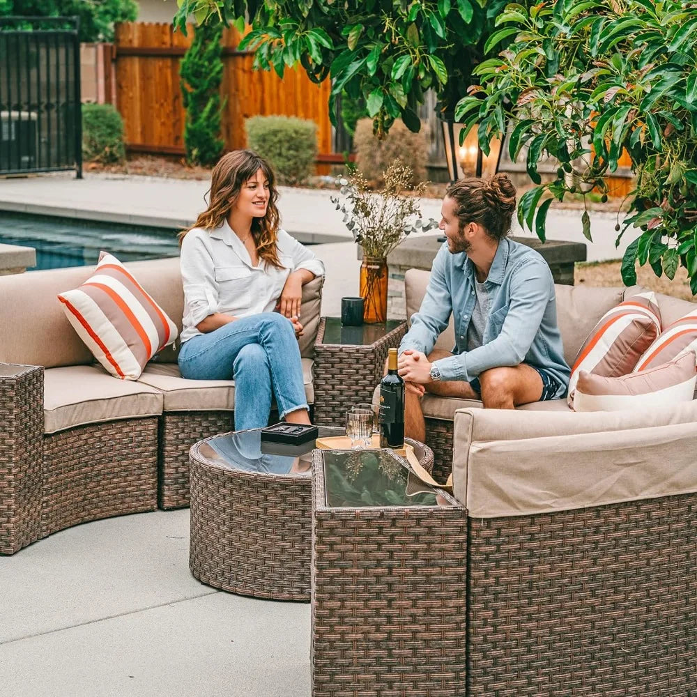 Outdoor Sectional Set 11-Piece Half Moon Patio Furniture Brown Wicker Sofa Beige Cushions with 4 Side Table and 4 Pillows